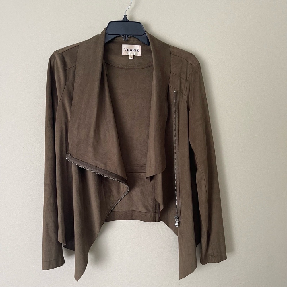 VIGOSS Jacket Womens Waterfall Brown Asymmetrical Zipper Detail Stylish Modern